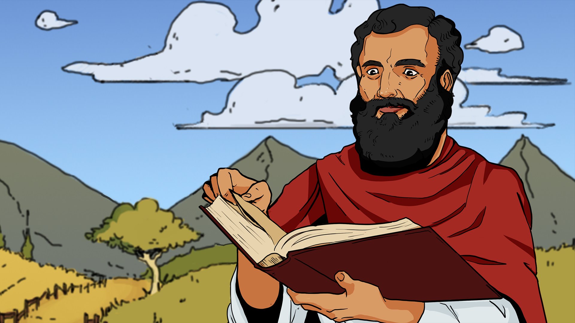 Family Bible Quest art: a bearded man in a red cloak reads from the Bible, with hills behind him