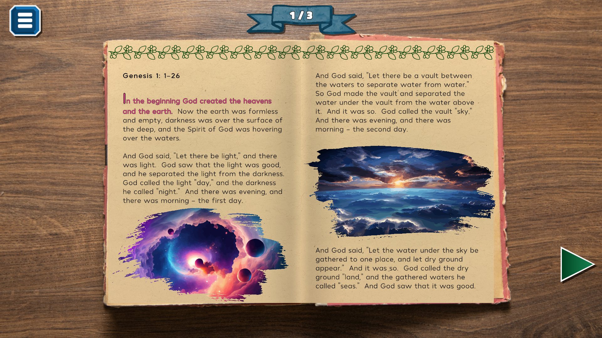 An open Bible at Genesis 1, illustrated with scenes of creation.