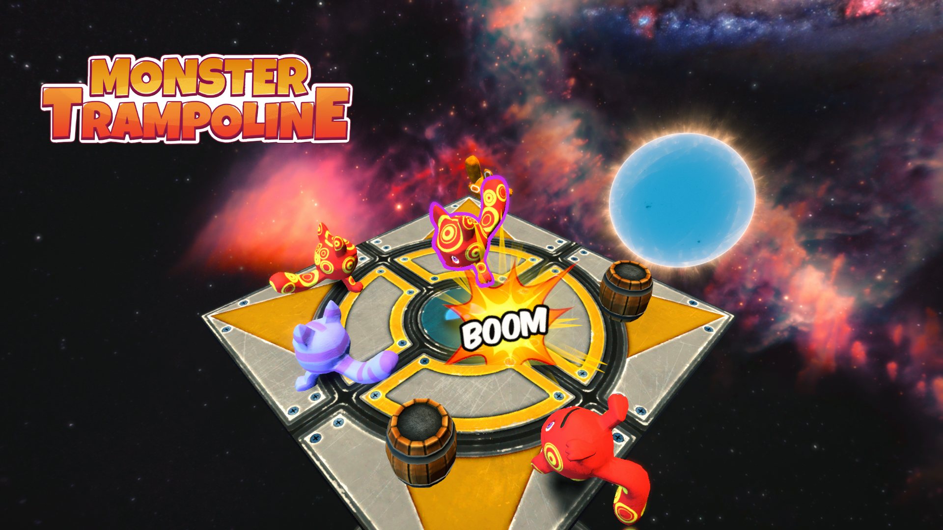 Monster Trampoline key art: monsters bouncing on a trampoline floating in space