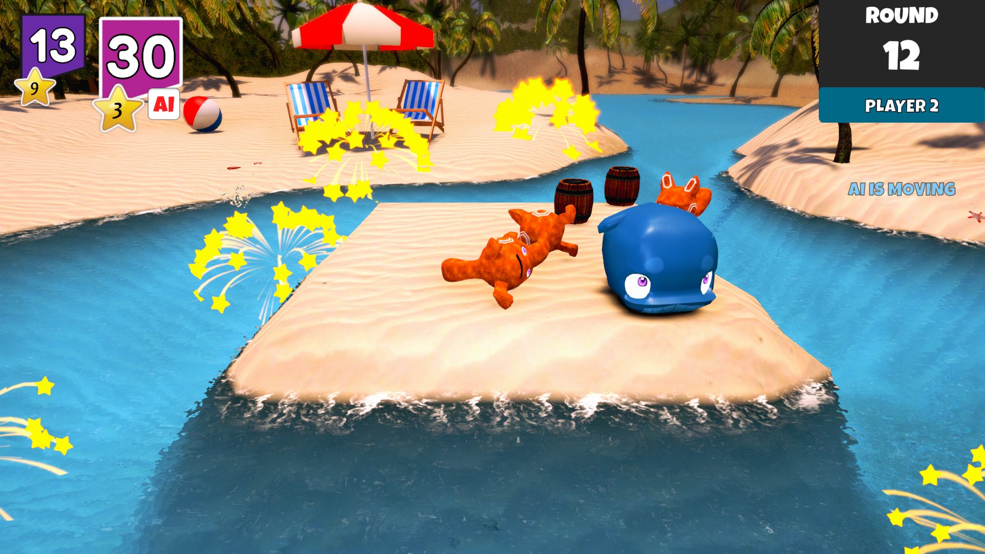 Monsters on a sandy trampoline at the beach, as yellow stars burst around them.