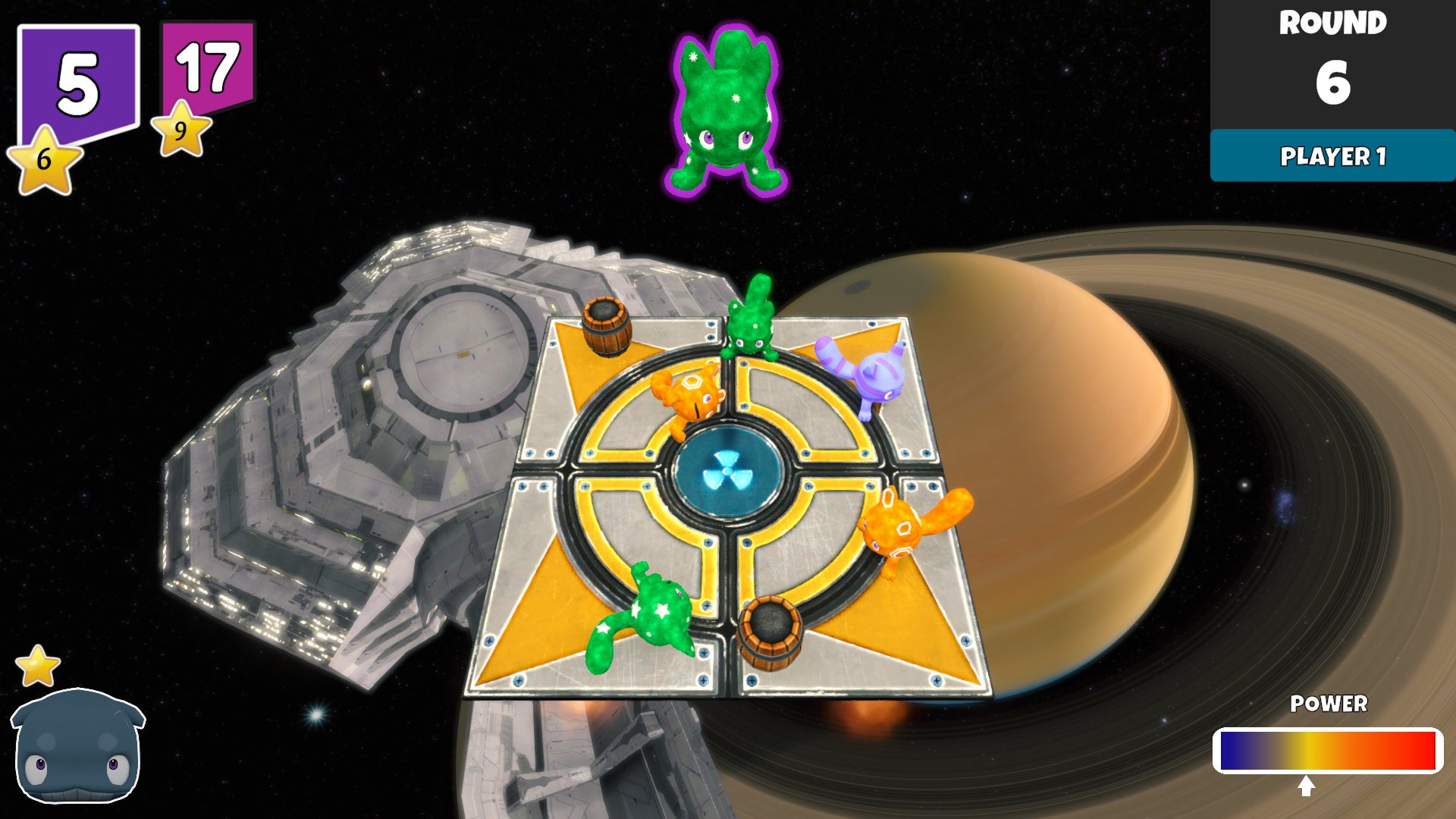 Monsters bounce on a trampoline platform floating in space, beside a ringed planet and a space station.