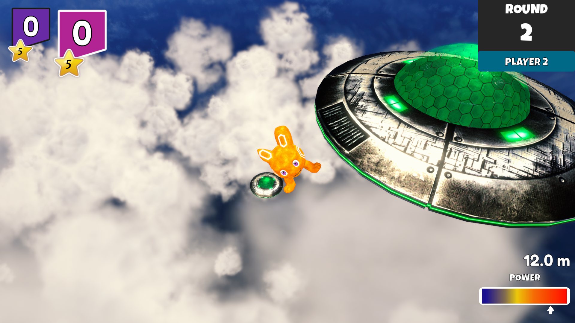 A monster flies past a flying saucer above the clouds after being knocked off the trampoline.