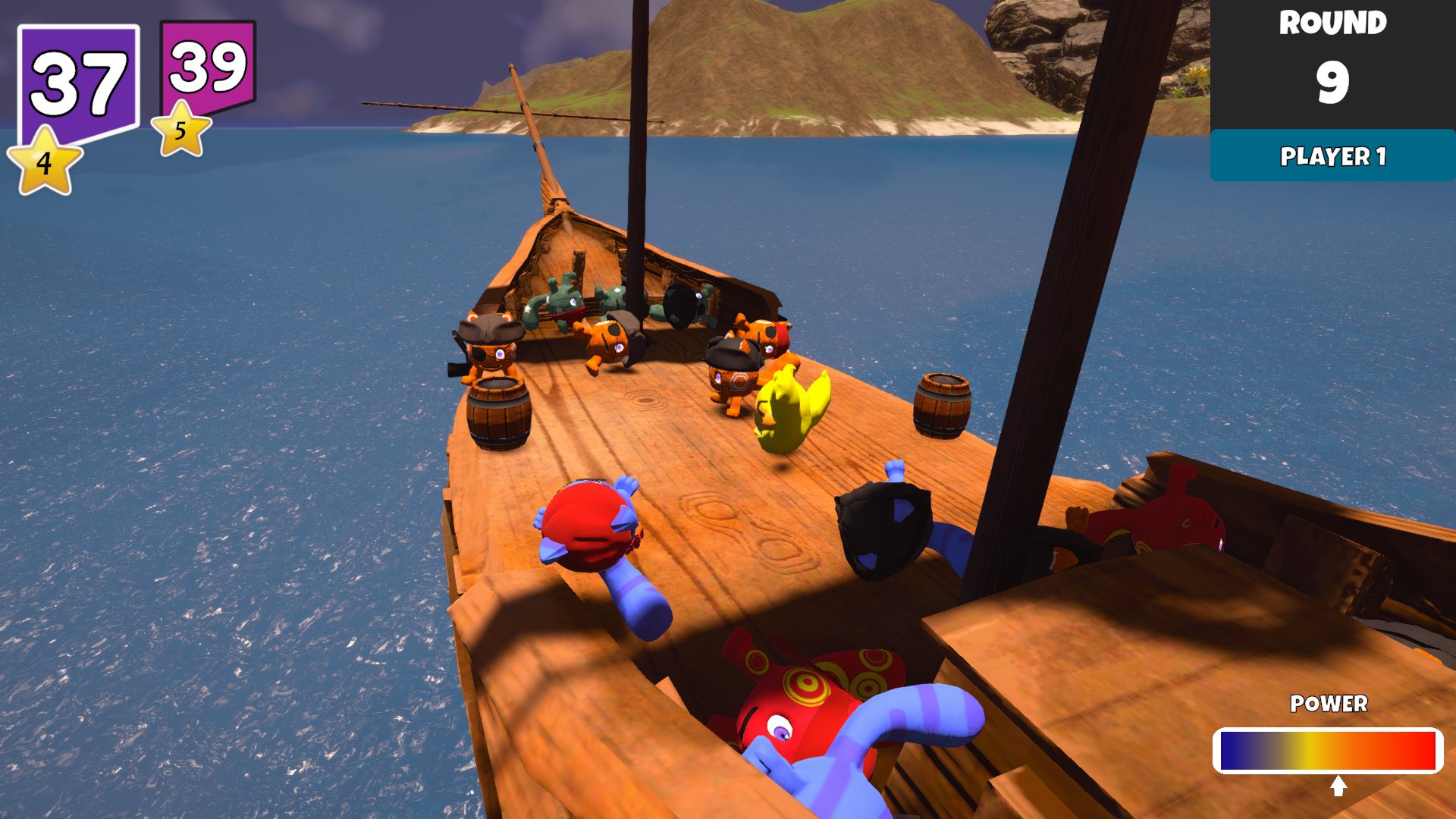 Monsters bounce on the deck of an old wooden sailing ship at sea.