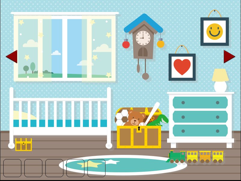 A child's bedroom with a crib, a toy chest, a cuckoo clock, and framed pictures, from Room Escape – Love Songs